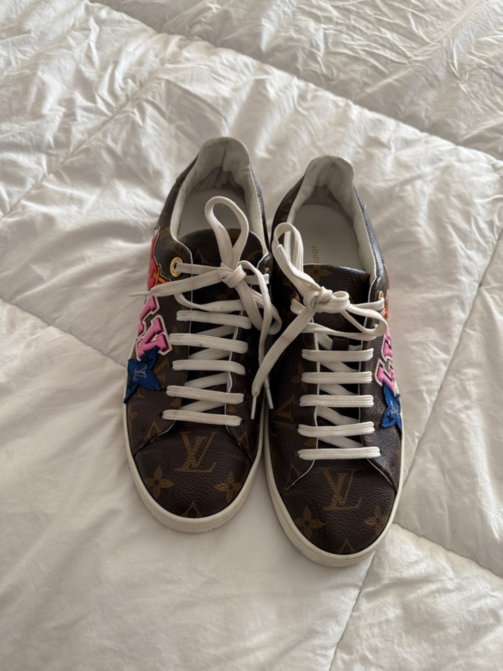Designer Brown Monogram Athletic Sneakers with Pink & Blue Accents
